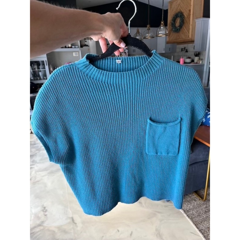 Teal Blue Ribbed Knit Crop Sweater Short Sleeve Crew Neck Pocket